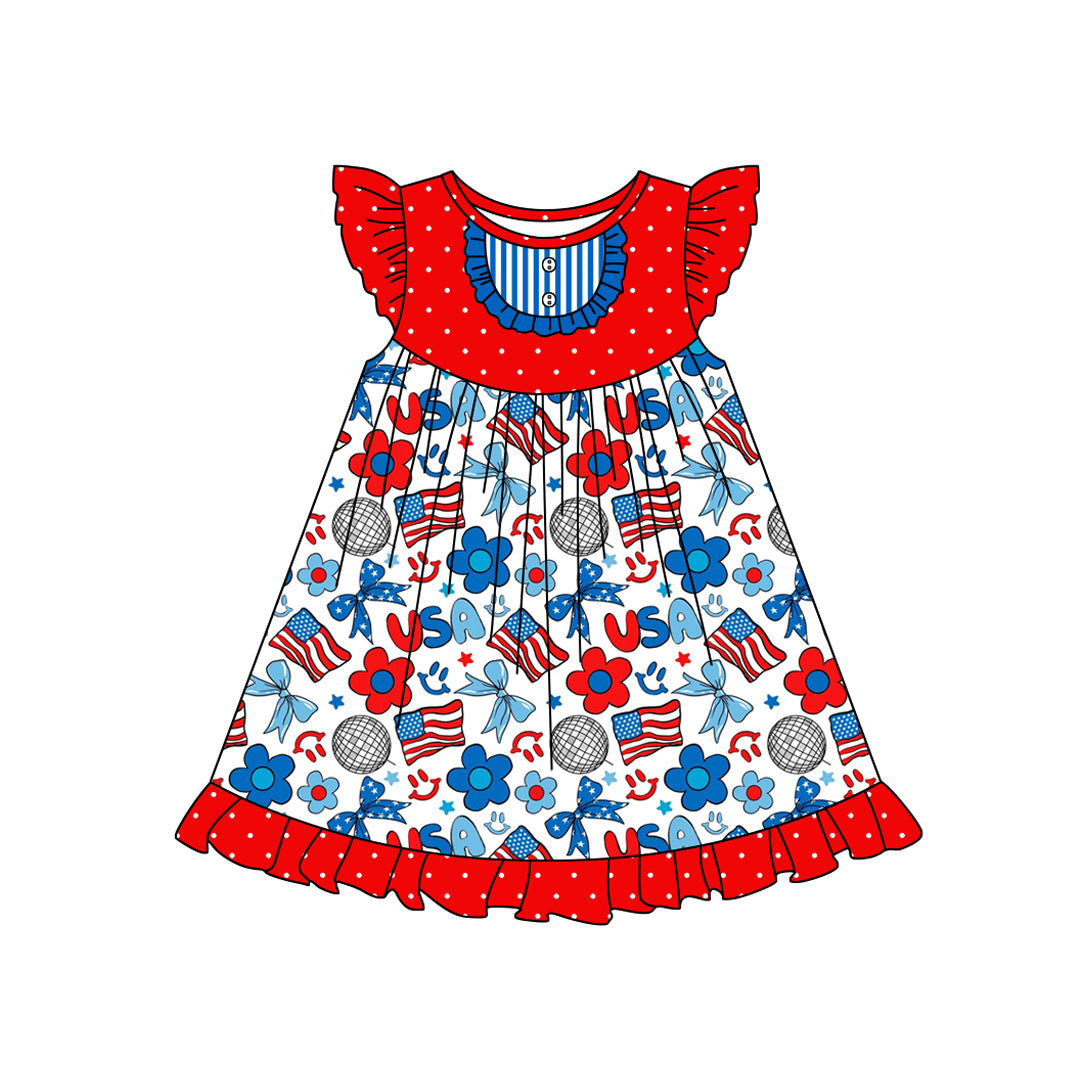 Flutter sleeves floral flag USA bow girls 4th of july dress