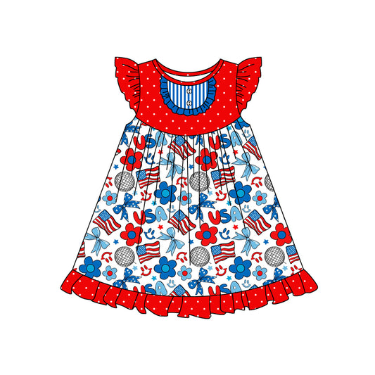 Flutter sleeves floral flag USA bow girls 4th of july dress