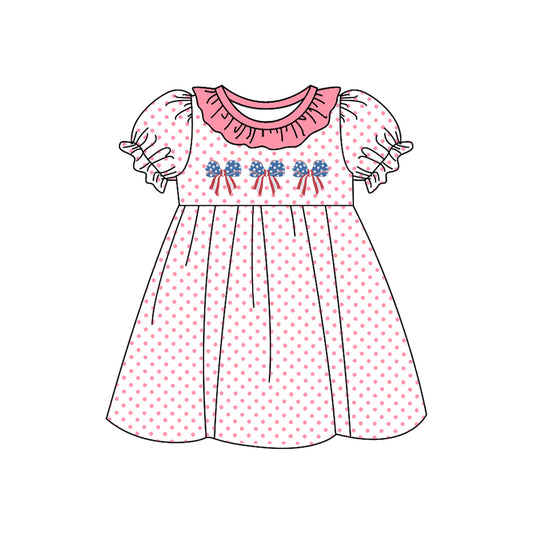 Short sleeves polka dots stars stripe bow girls 4th of july dress