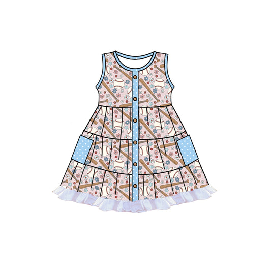Sleeveless baseball floral patchwork pocket girls dresses