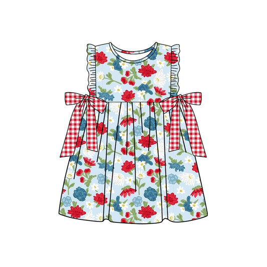 Ruffle blue red floral plaid bow baby girls 4th of july dresses