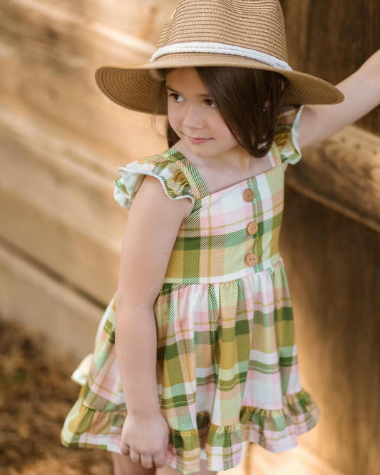 Flutter sleeves green pink plaid baby girls summer dress