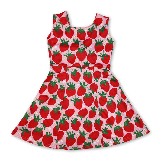 Sleeveless strawberry floral baby girls athletic dresses