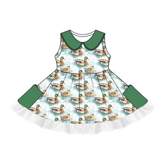 Sleeveless green pockets duck baby girls dresses