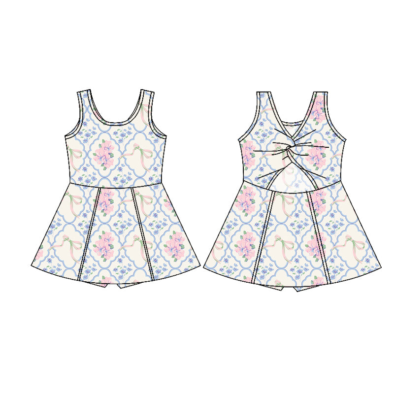 Sleeveless light blue pink floral bow baby girls athletic dresses