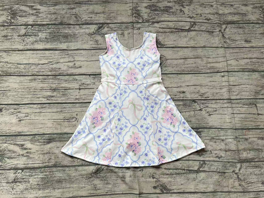 Sleeveless light blue pink floral bow baby girls athletic dresses