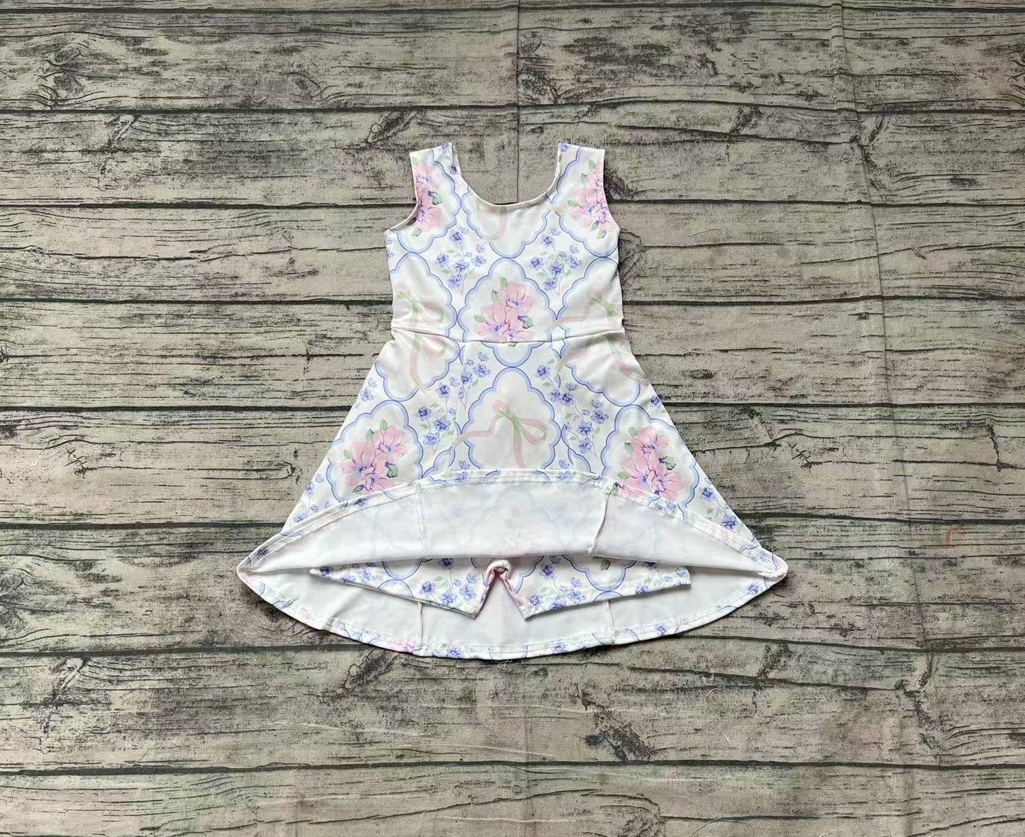 Sleeveless light blue pink floral bow baby girls athletic dresses