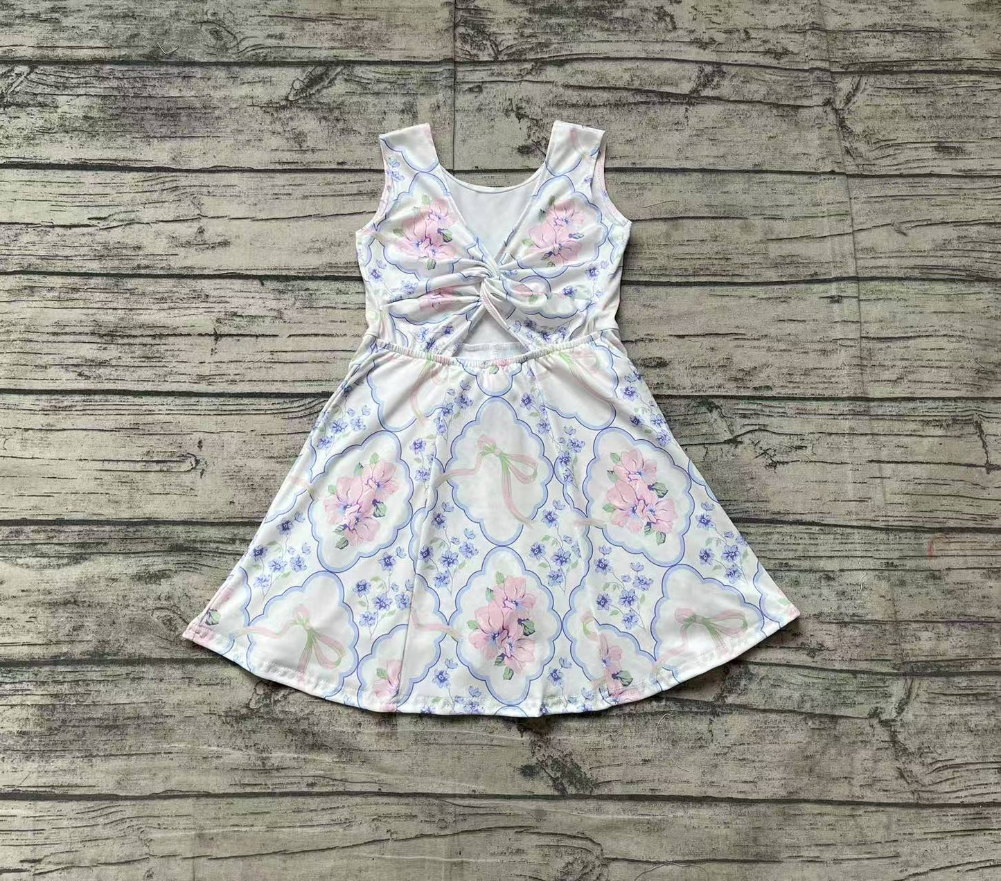 Sleeveless light blue pink floral bow baby girls athletic dresses