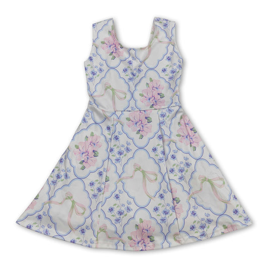 Sleeveless light blue pink floral bow baby girls athletic dresses