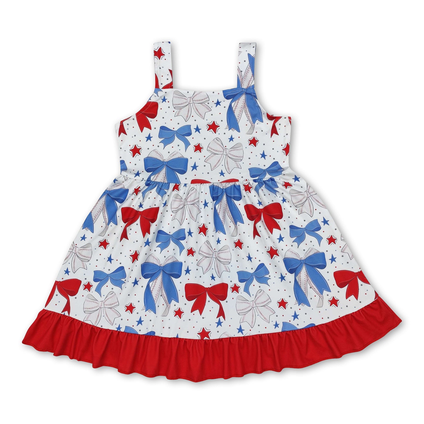 Straps red blue baseball bow baby girls dresses