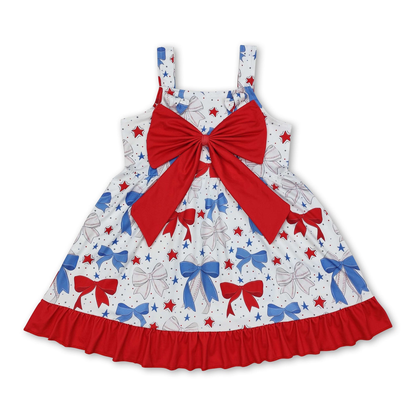 Straps red blue baseball bow baby girls dresses