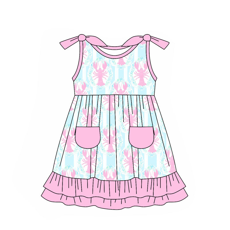 Sleeveless pink ruffle pocket crawfish girls dresses