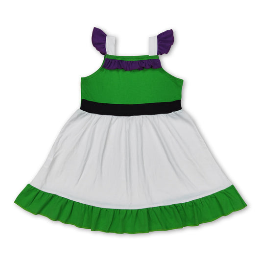 White green purple flutter sleeves ruffle princess girls dress