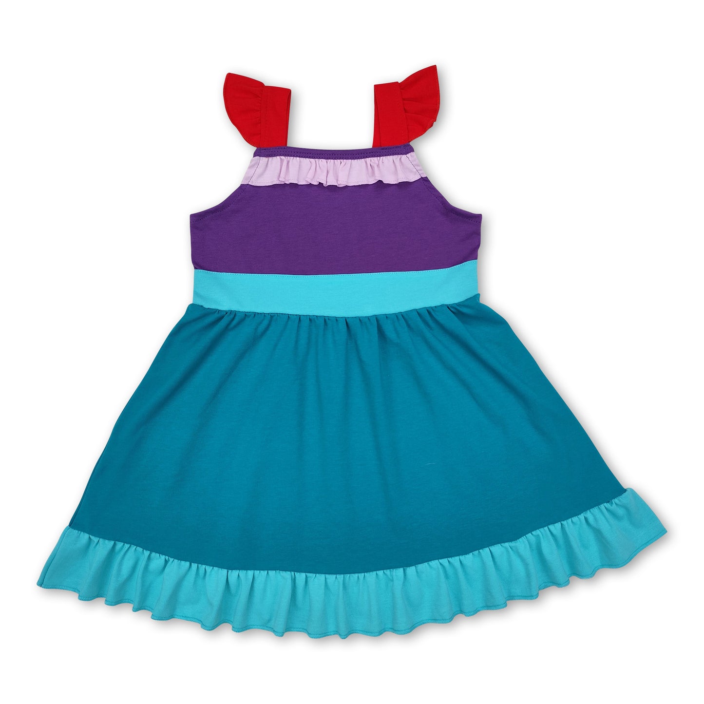 Red green purple flutter sleeves ruffle princess girls dress