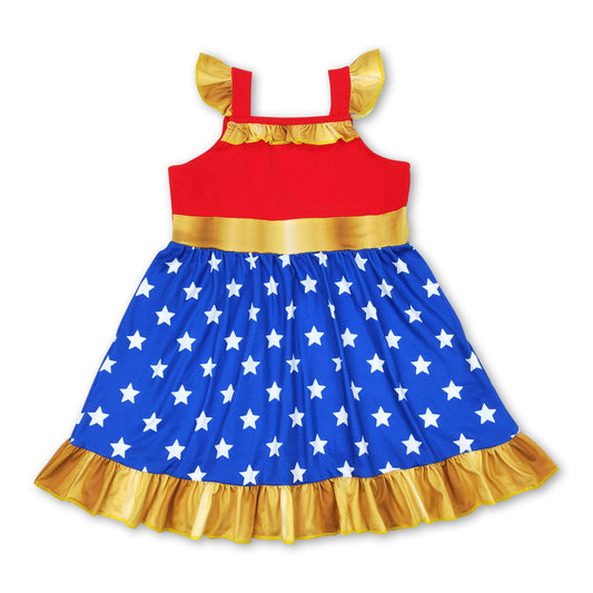 Red blue stars flutter sleeves ruffle princess girls dress