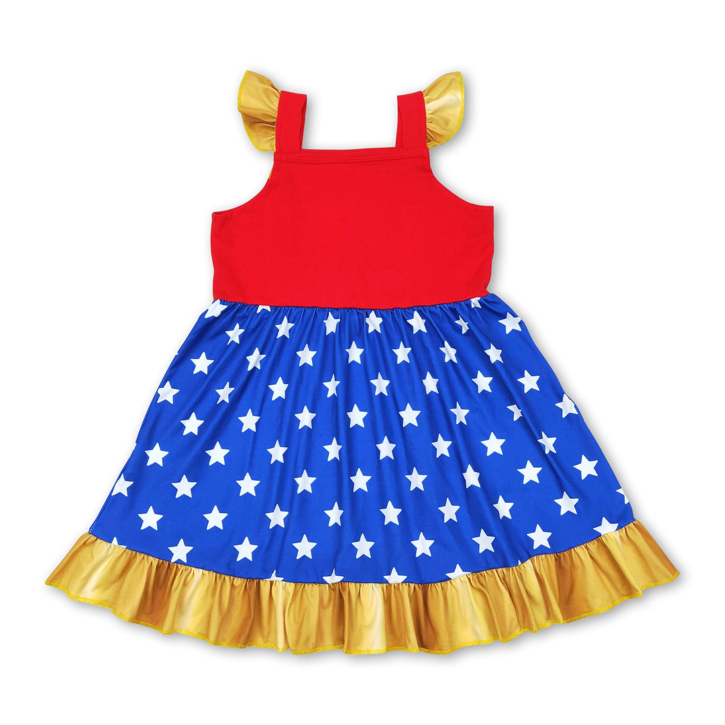 Red blue stars flutter sleeves ruffle princess girls dress
