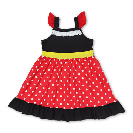 Red polka dots mouse flutter sleeves ruffle baby girls dress