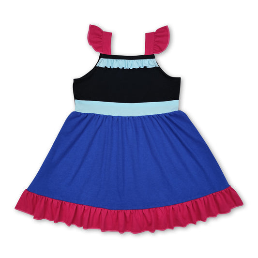 Purple black blue flutter sleeves ruffle princess girls dress