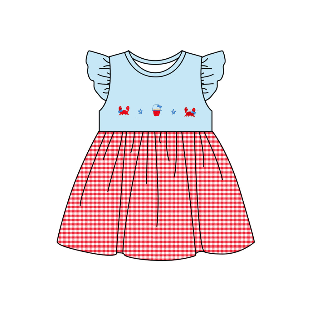 Flutter sleeves crab starfish plaid baby girls summer dress