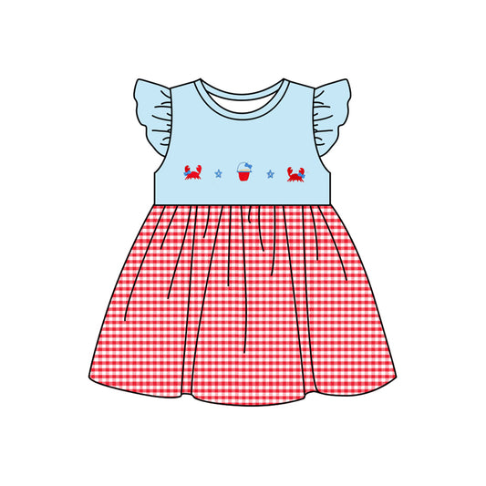 Flutter sleeves crab starfish plaid baby girls summer dress