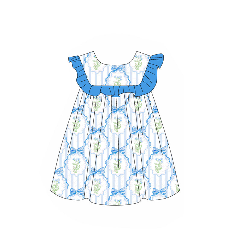 Blue ruffle stripe floral bow baby girls summer dress