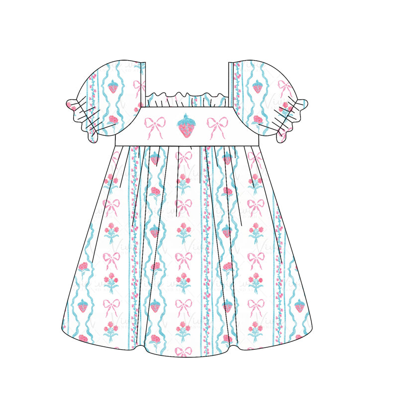 Short sleeves strawberry floral bow baby girls dresses