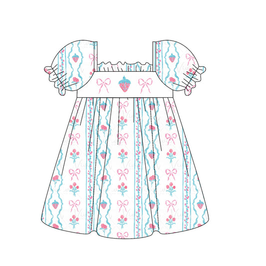 Short sleeves strawberry floral bow baby girls dresses