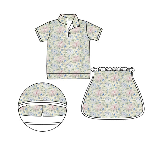 Short sleeves pink blue floral zip pullover skirt girls clothes