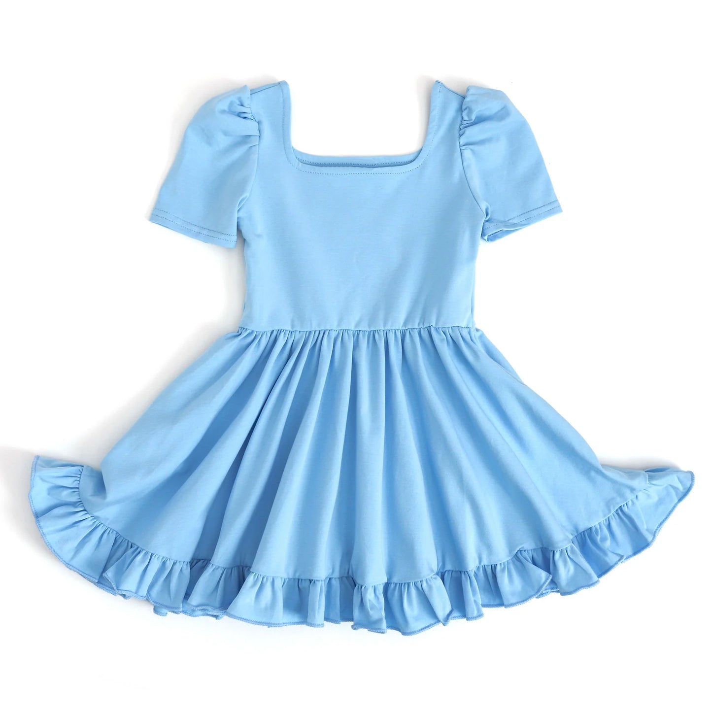 Light blue short sleeves ruffle summer girls dresses