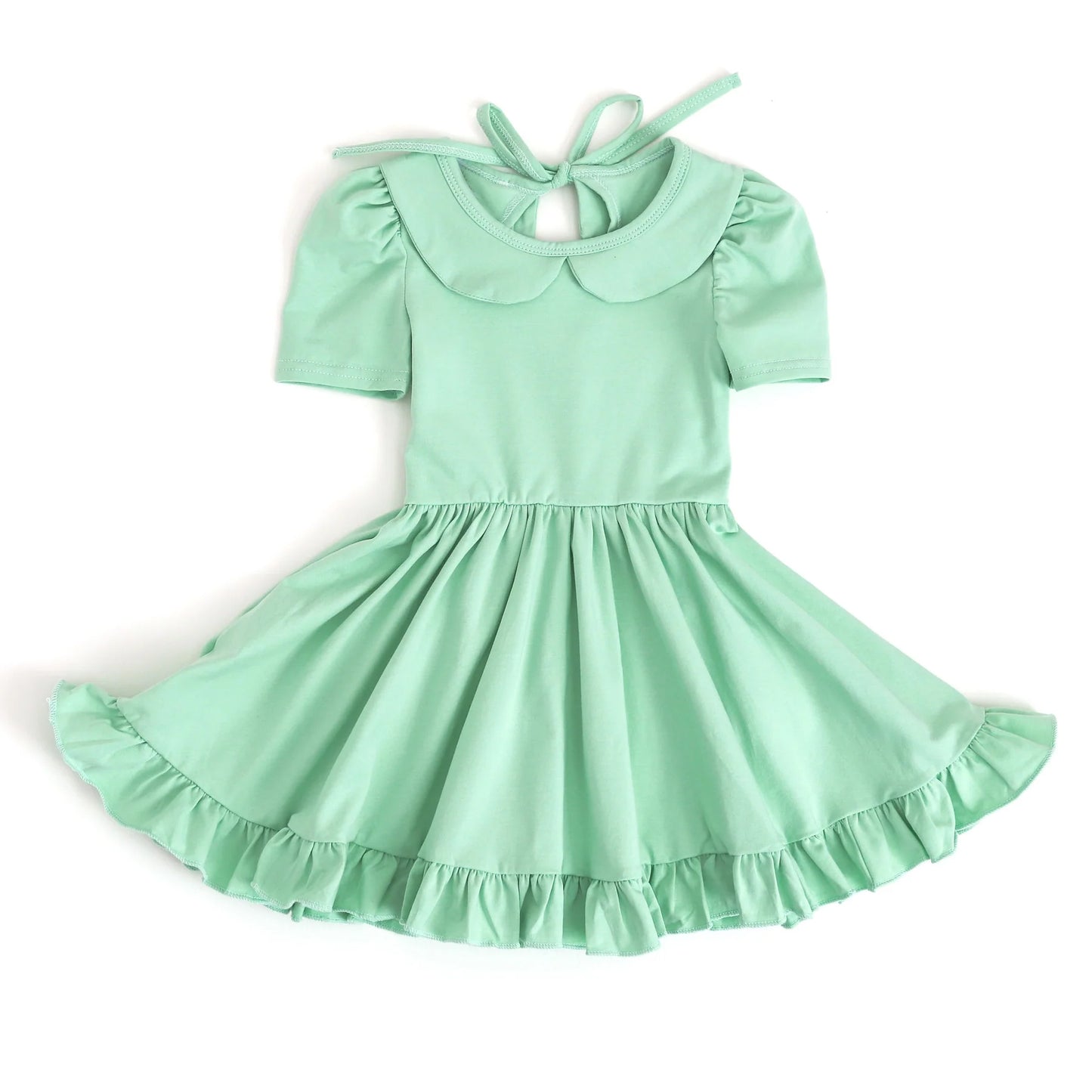 Green short sleeves ruffle summer girls dresses