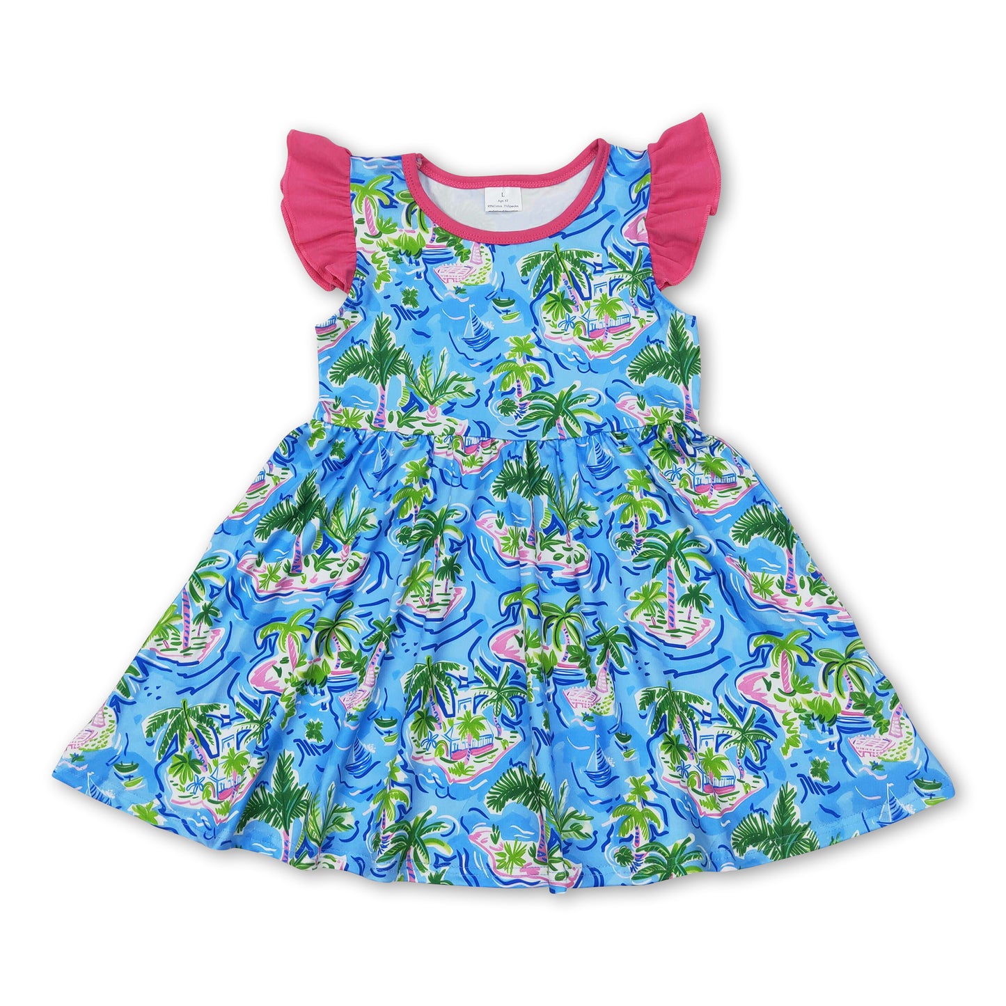 Flutter sleeves watercolor blue boat trees girls summer dress