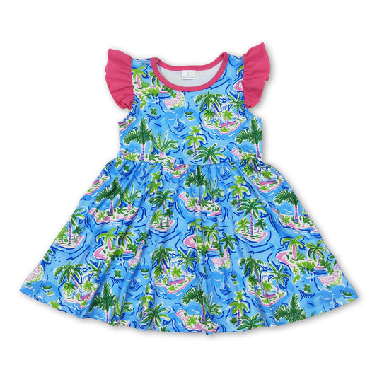 Flutter sleeves watercolor blue boat trees girls summer dress