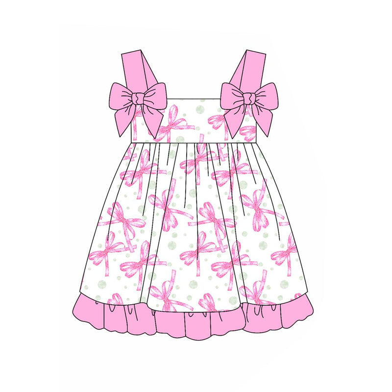 Pink straps bow ruffle baby girls summer dresses
