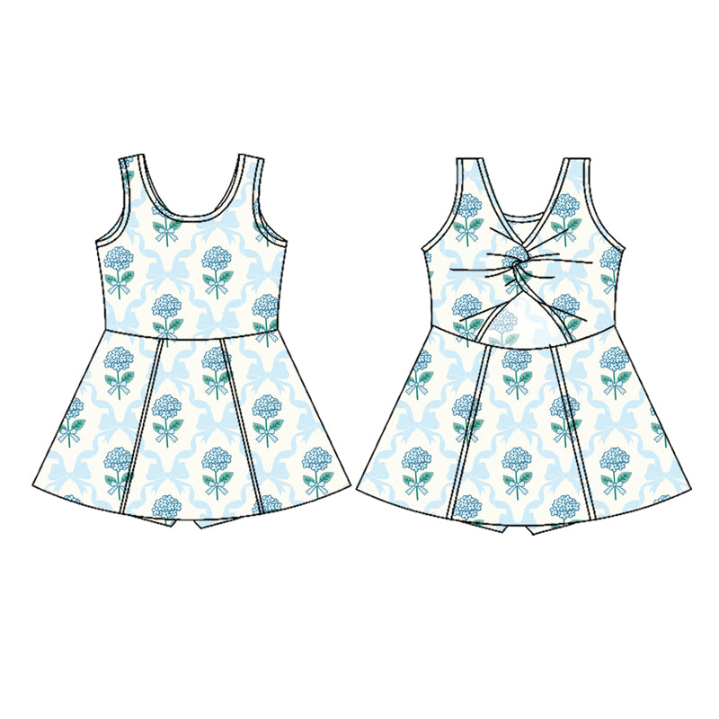 Sleeveless light blue bow floral baby girls athletic dresses