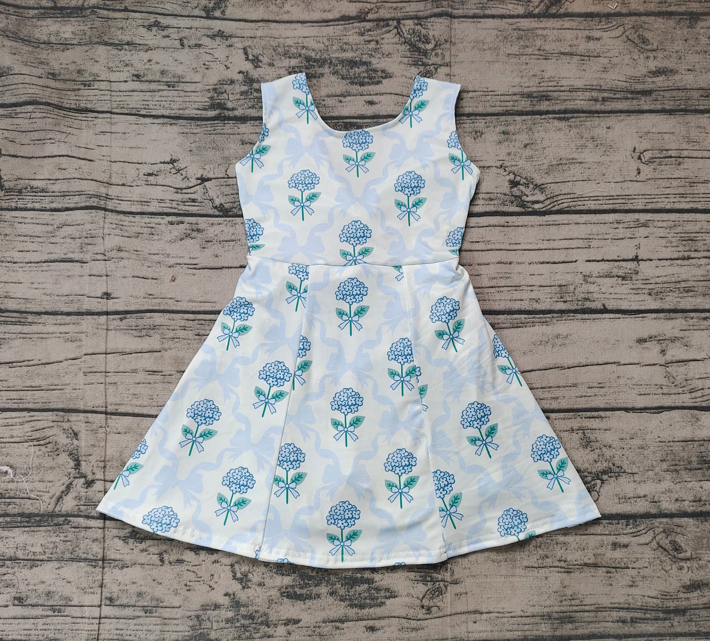 Sleeveless light blue bow floral baby girls athletic dresses