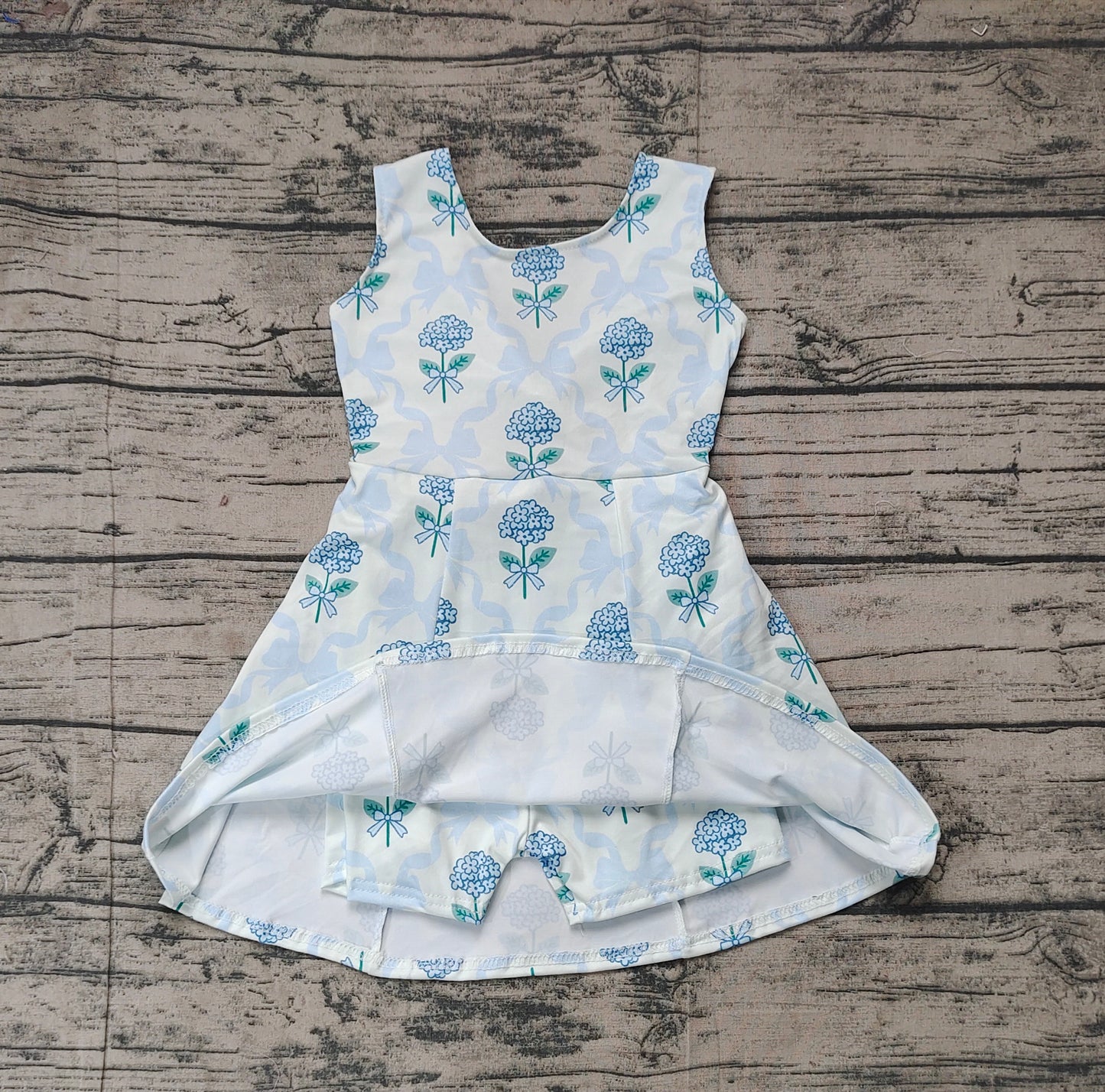 Sleeveless light blue bow floral baby girls athletic dresses