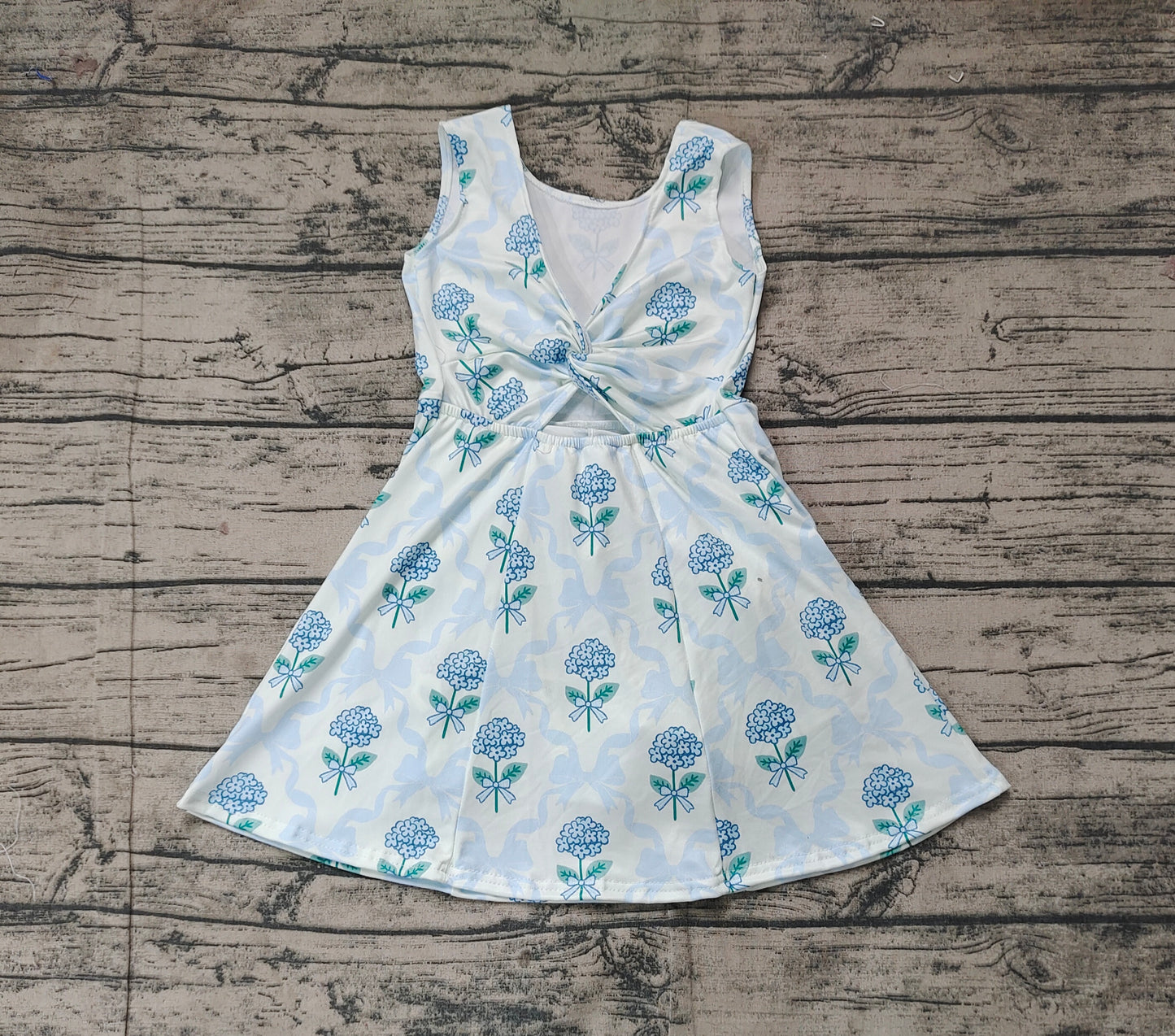 Sleeveless light blue bow floral baby girls athletic dresses