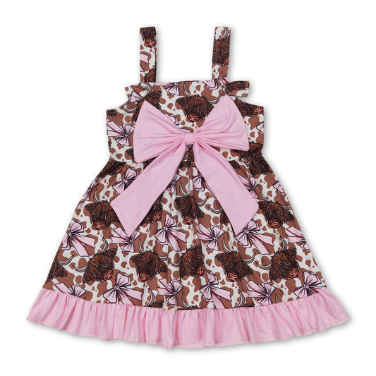 Straps highland cow bow ruffle western baby girls dresses