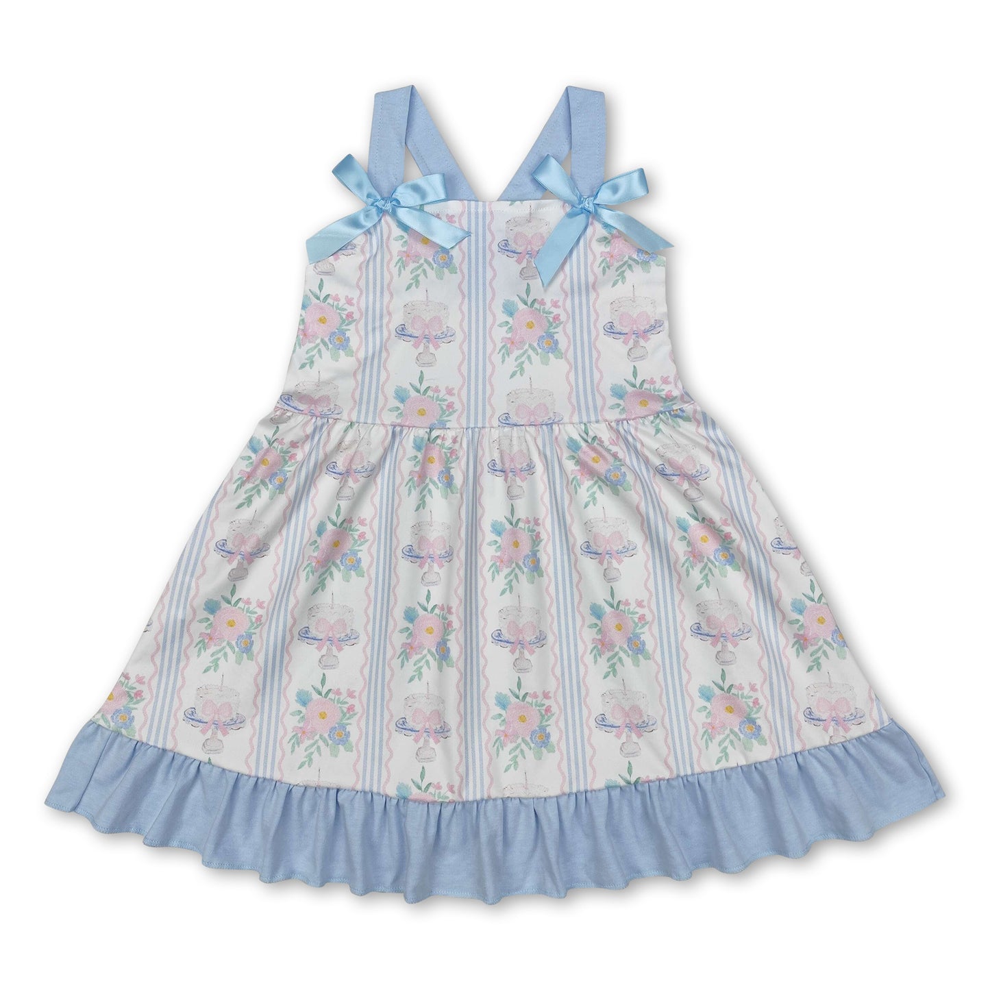 Straps cake bow floral Happy Birthday girls dresses
