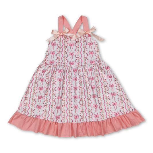 Pink bow straps floral ruffle baby girls dresses