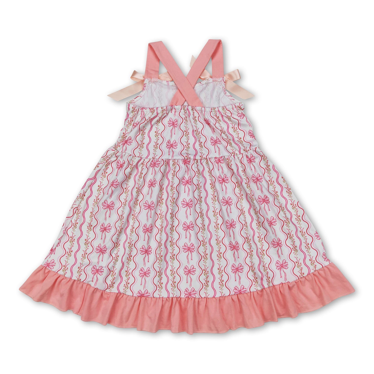 Pink bow straps floral ruffle baby girls dresses