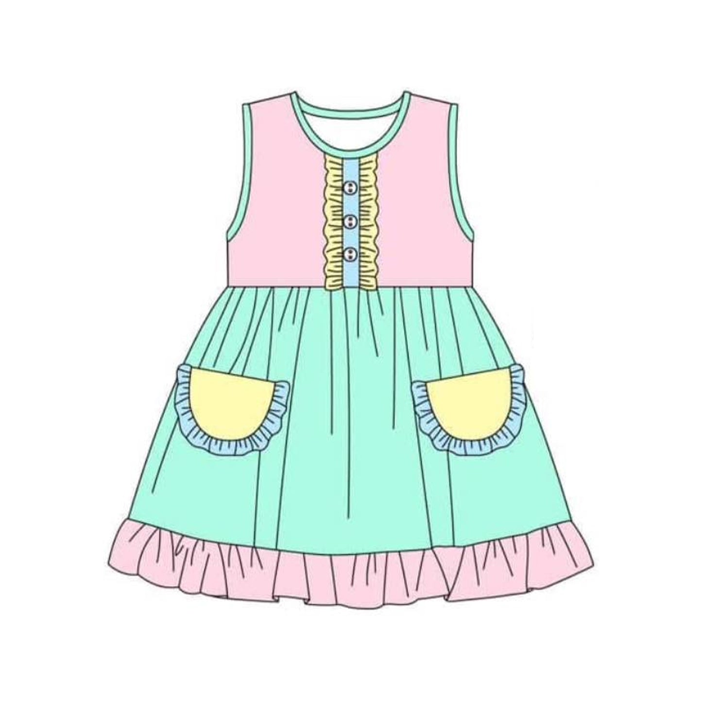 Sleeveless pink yellow green pocket baby girls dresses