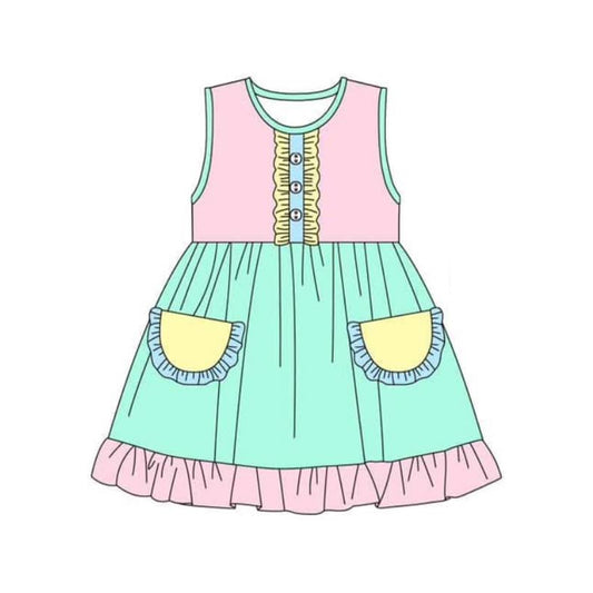 Sleeveless pink yellow green pocket baby girls dresses