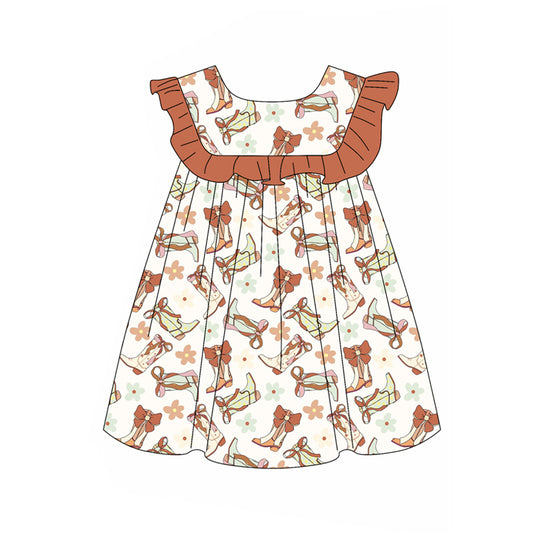 Brown ruffle boots floral western baby girls dresses