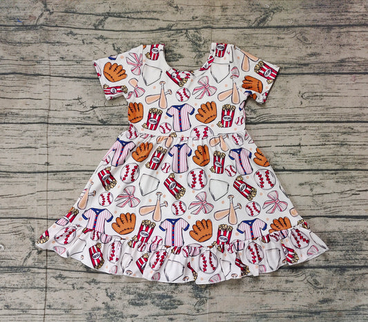 Short sleeves baseball bow baby girls ruffle dresses