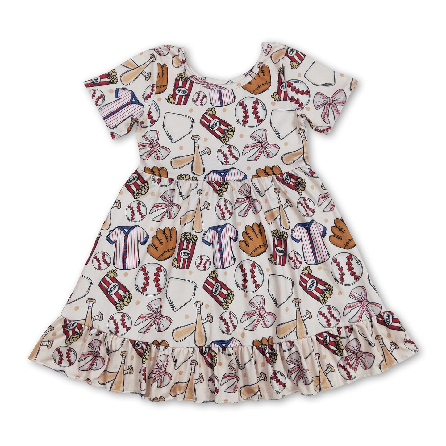 Short sleeves baseball bow baby girls ruffle dresses