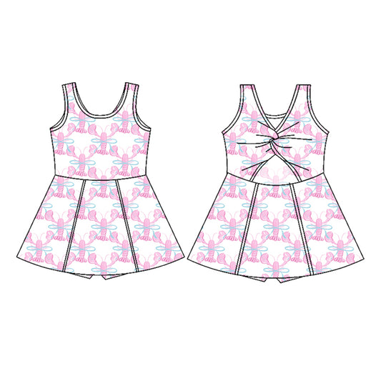 Sleeveless pink crawfish bow kids girls athletic dresses