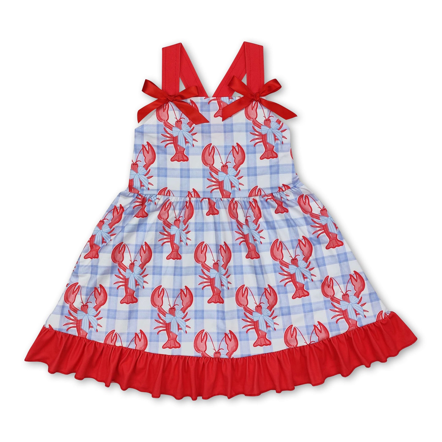 Red bow straps crawfish plaid baby girls summer dress