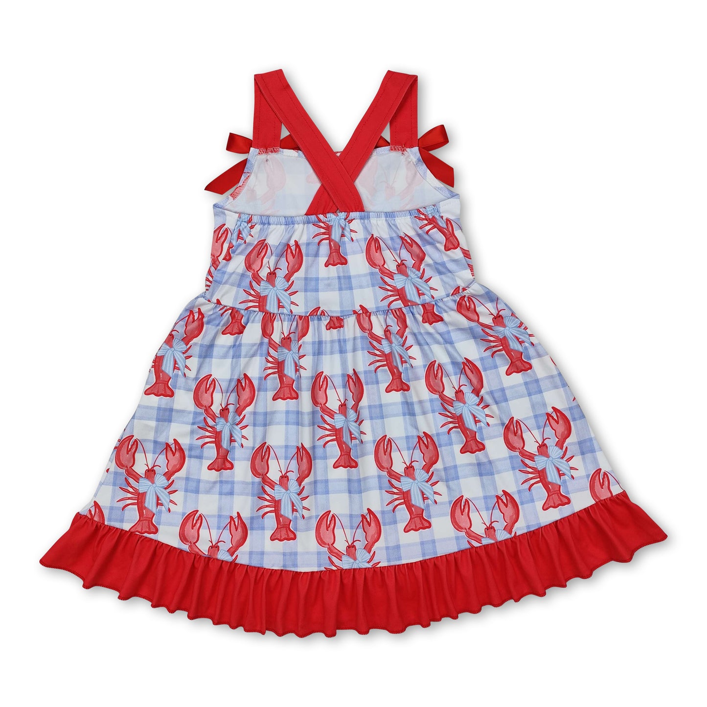Red bow straps crawfish plaid baby girls summer dress