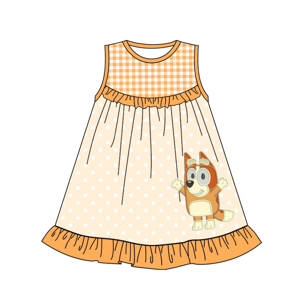 Yellow plaid sleeveless dog ruffle baby girls dresses